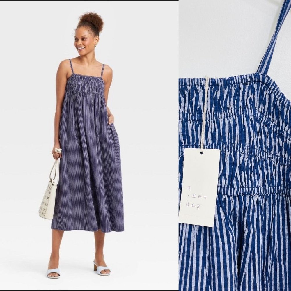 A New Day Womens Dress Small Navy Stripe Strap Smocked Tank Midi Square Neck New